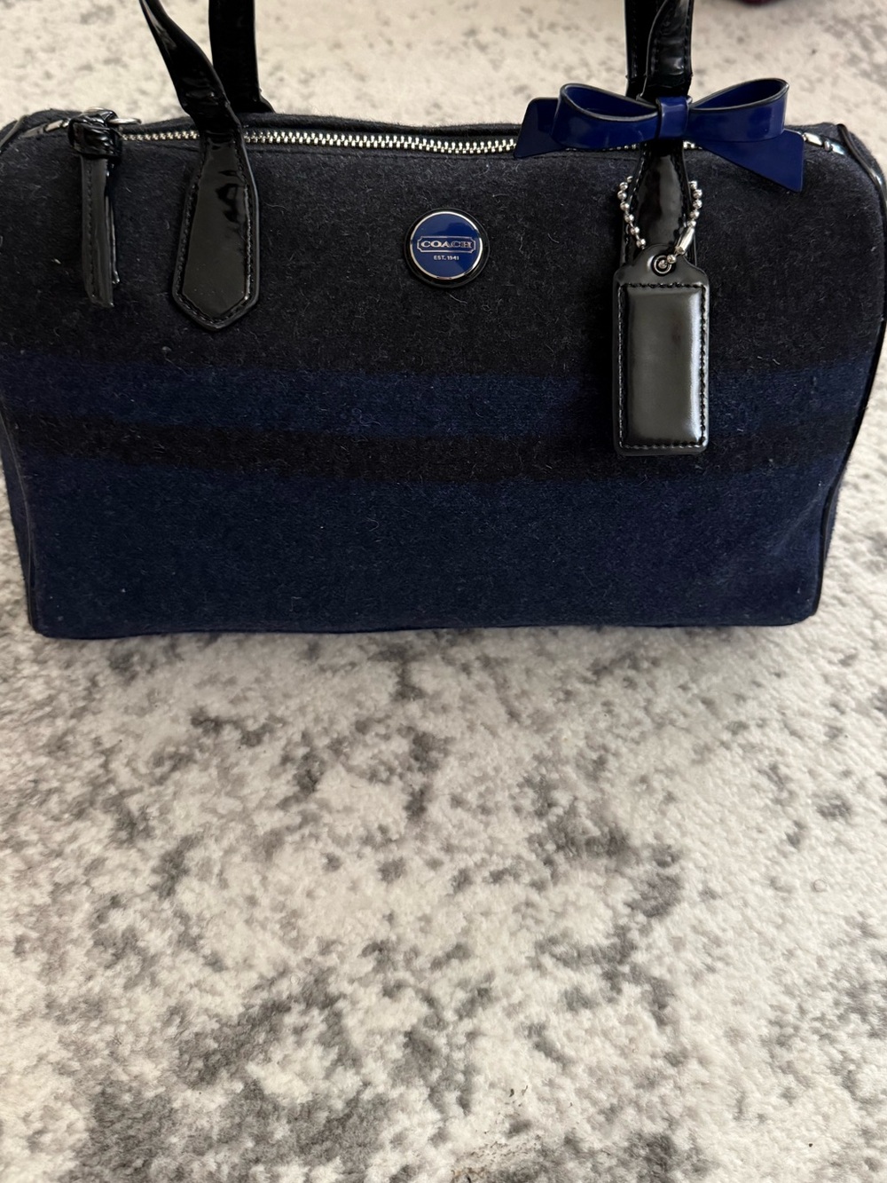 Coach F24784 Signature Stripe Wool Satchel Navy Charcoal